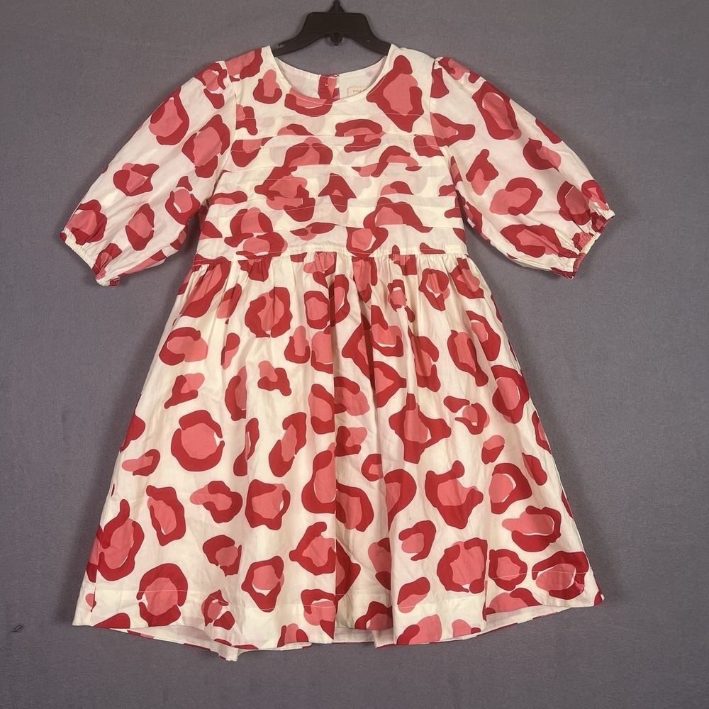 Pink Chicken Evelyn Dress Girls 8 Pink Red Leopard Puff Sleeve Cotton A-Line